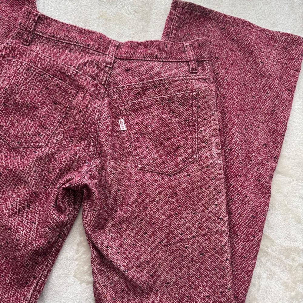 Vintage 1974 Levi’s For Gals Pink Red Combo Tweed Fuz Bell Bottom Jeans 28